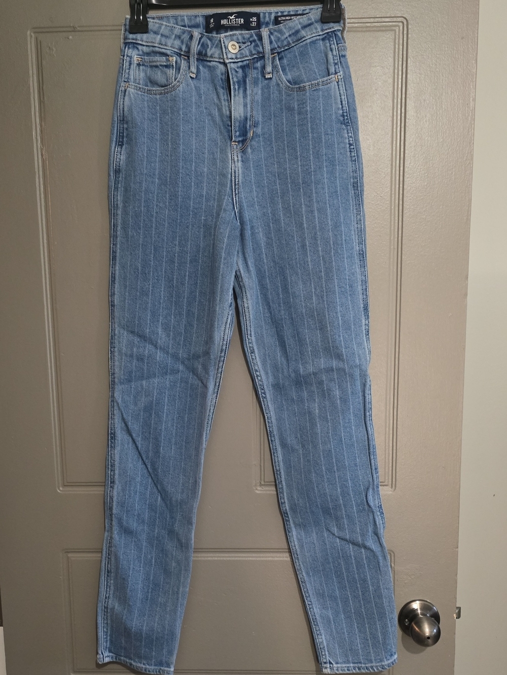 Hollister High-Rise Pinstripe Straight Jeans in Light Blue